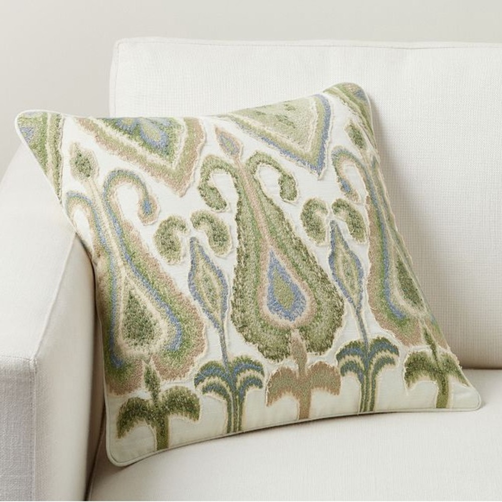 Pottery Barn Green Yalla Embroidered Pillow Cover set Cotton Linen 18" Square